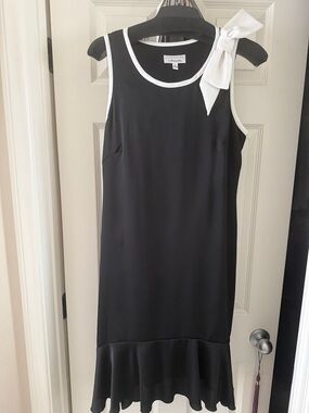 Signature by Robbie Bee Black Midi Dress with White Trim and Bow